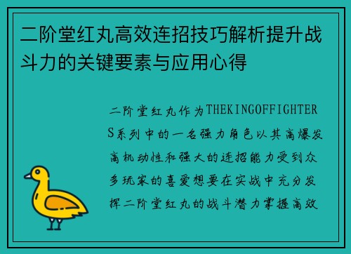 二阶堂红丸高效连招技巧解析提升战斗力的关键要素与应用心得 二阶堂红丸高效连招技巧解析提升战斗力的关键要素与应用心得